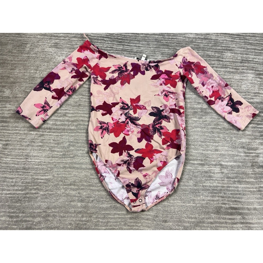 Express One Eleven Bodysuit Womens Small Pink Floral Snap Crotch Cotton Blend